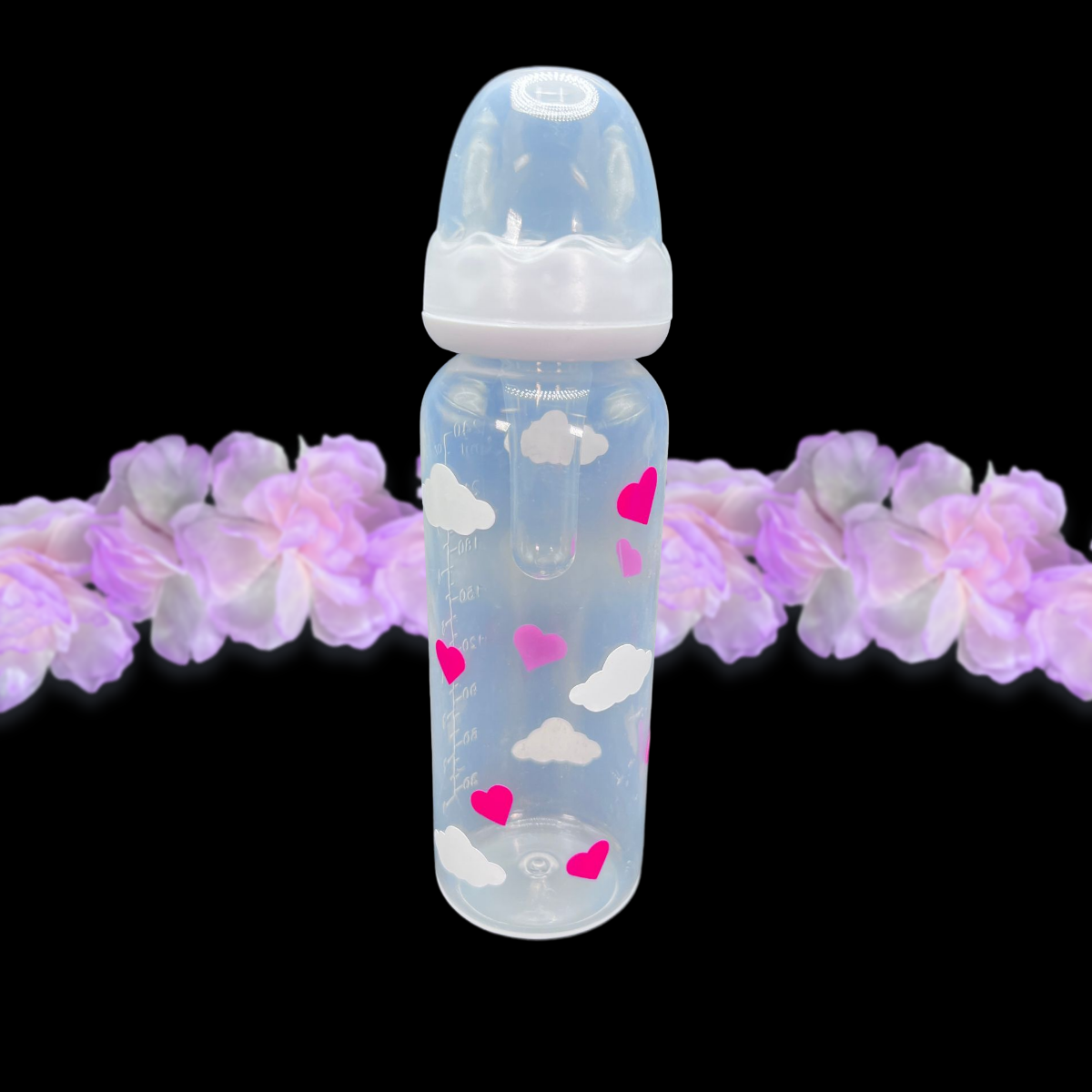adult baby bottle 8oz with white clouds and pink hearts around the entire bottle.