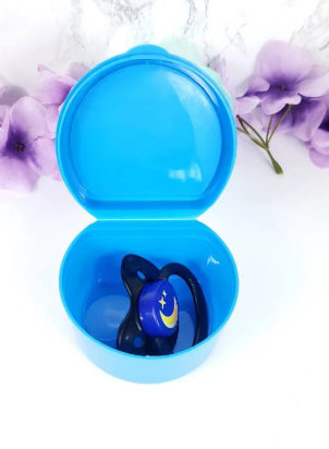 baby blue adult pacifier holder open view showing an adult pacifier inside