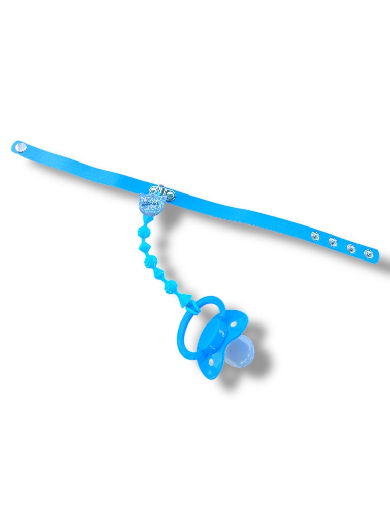 Front full view of adult pacifier choker for ABDL with glitter brat resin tag