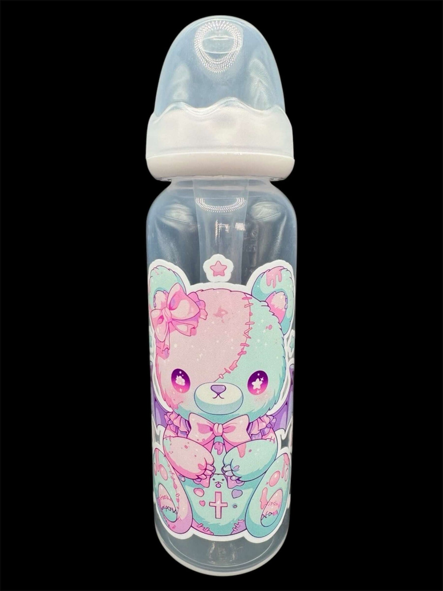 Kawaii adult baby bottle featuring a pastel-colored bear with bat wings, combining a cute and whimsical aesthetic with a touch of fantasy.
