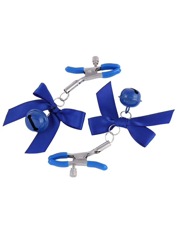 Stainless steel nipple clamps with blue attached bows and bells at the ends, featuring a silicone cover for added comfort and a stylish, playful touch.