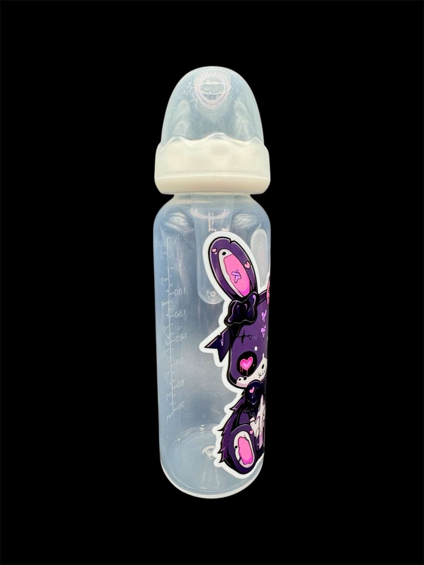 Adult baby bottle featuring a bold goth bunny design in shades of purple, pink, and black, combining a dark aesthetic with a cute and edgy style.