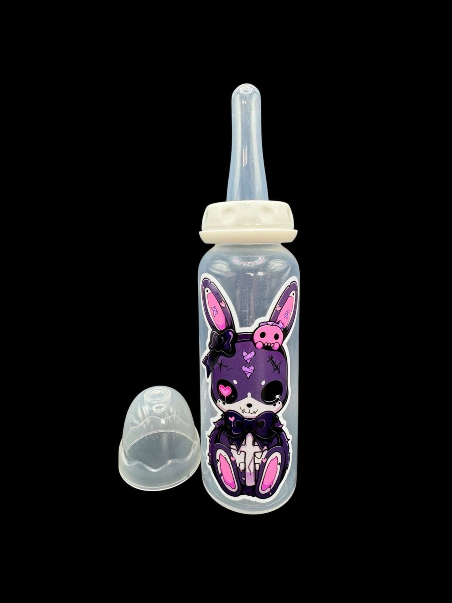 Adult baby bottle featuring a bold goth bunny design in shades of purple, pink, and black, combining a dark aesthetic with a cute and edgy style.
