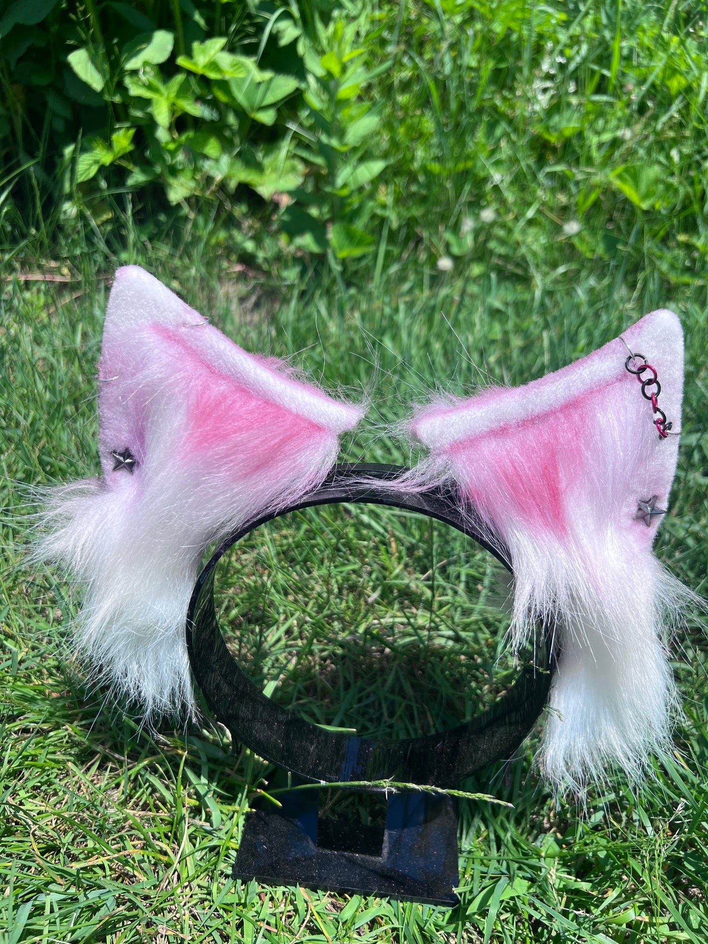 Pink and white fluffy kitten ears headband with star piercings and chain