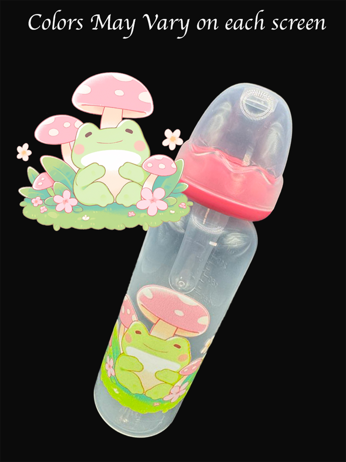 An 8oz adult baby bottle featuring a whimsical frog and mushroom theme, with cute frogs lounging among vibrant mushrooms and greenery, wrapping around the bottle.