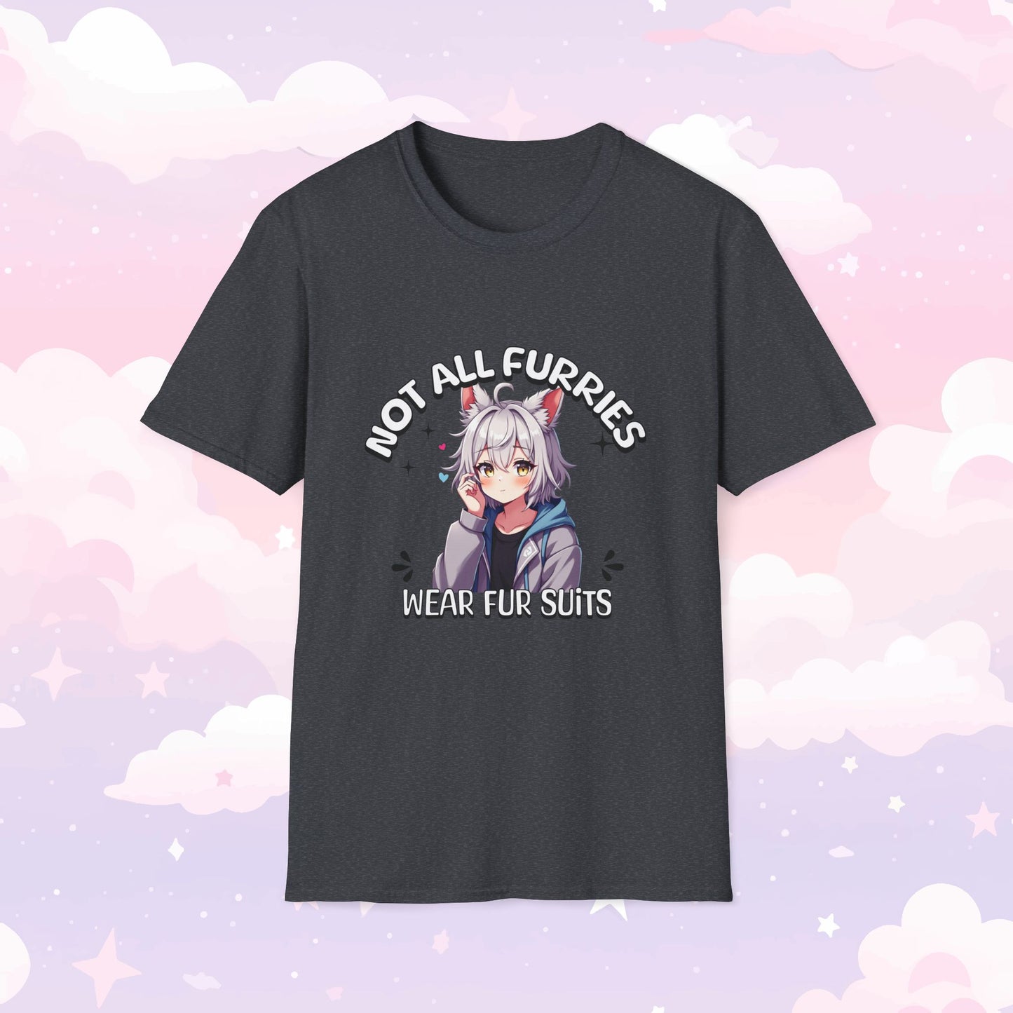 T-shirt featuring the phrase 'Not All Furries Wear Fursuits' with a blushing character wearing furry ears, embracing furry culture with a cute and playful design.