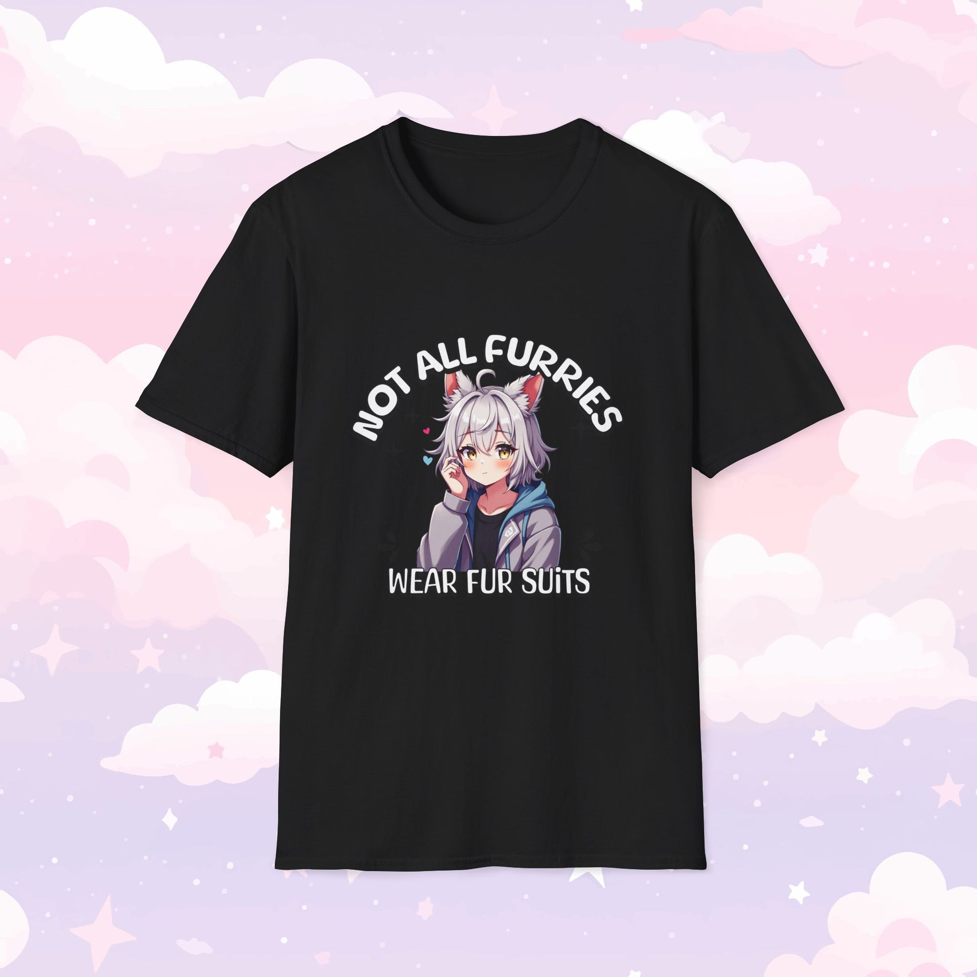 T-shirt featuring the phrase 'Not All Furries Wear Fursuits' with a blushing character wearing furry ears, embracing furry culture with a cute and playful design.