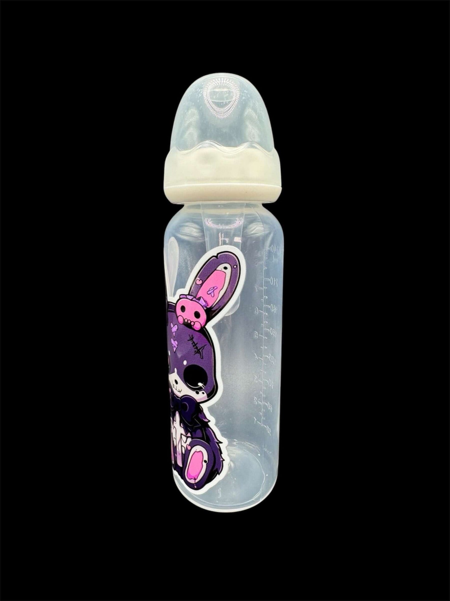 Adult baby bottle featuring a bold goth bunny design in shades of purple, pink, and black, combining a dark aesthetic with a cute and edgy style.