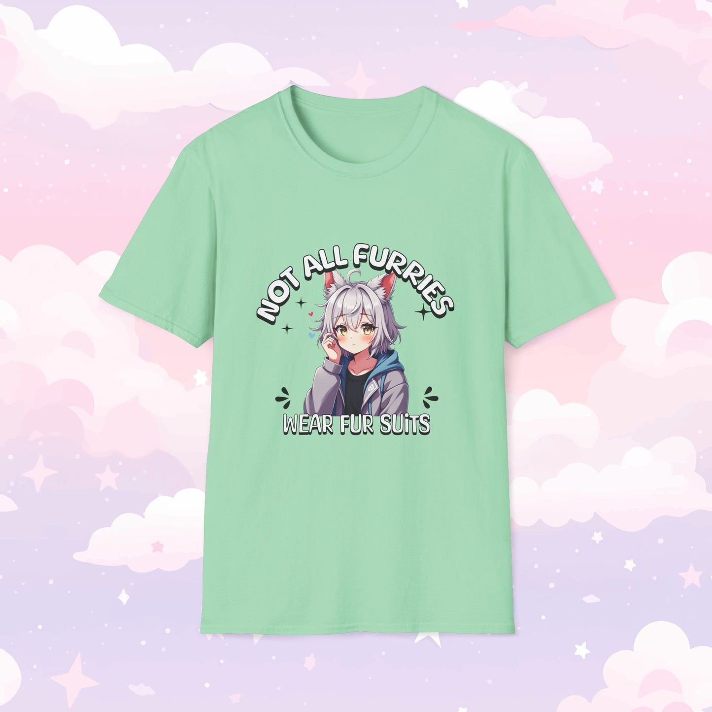 T-shirt featuring the phrase 'Not All Furries Wear Fursuits' with a blushing character wearing furry ears, embracing furry culture with a cute and playful design.