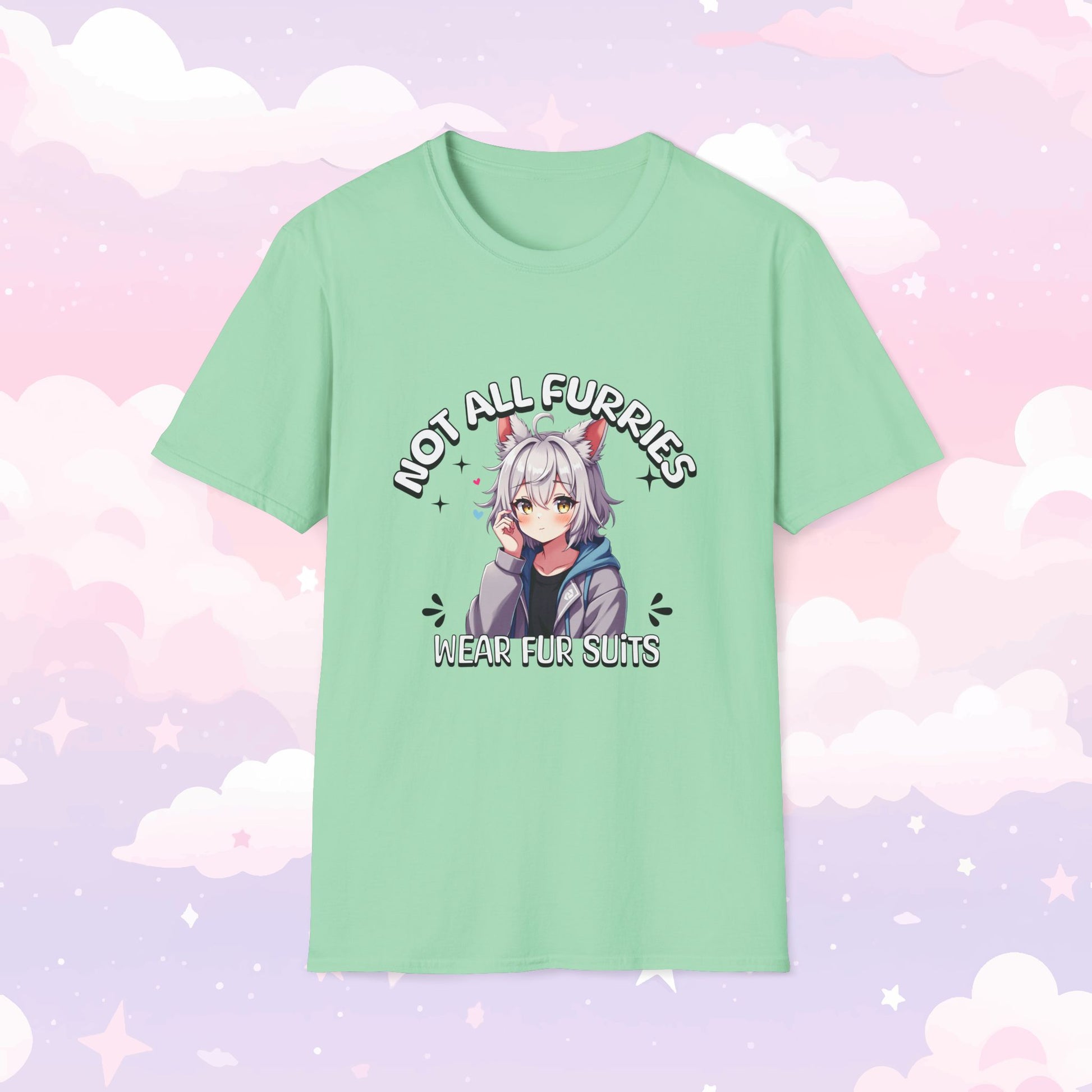 T-shirt featuring the phrase 'Not All Furries Wear Fursuits' with a blushing character wearing furry ears, embracing furry culture with a cute and playful design.