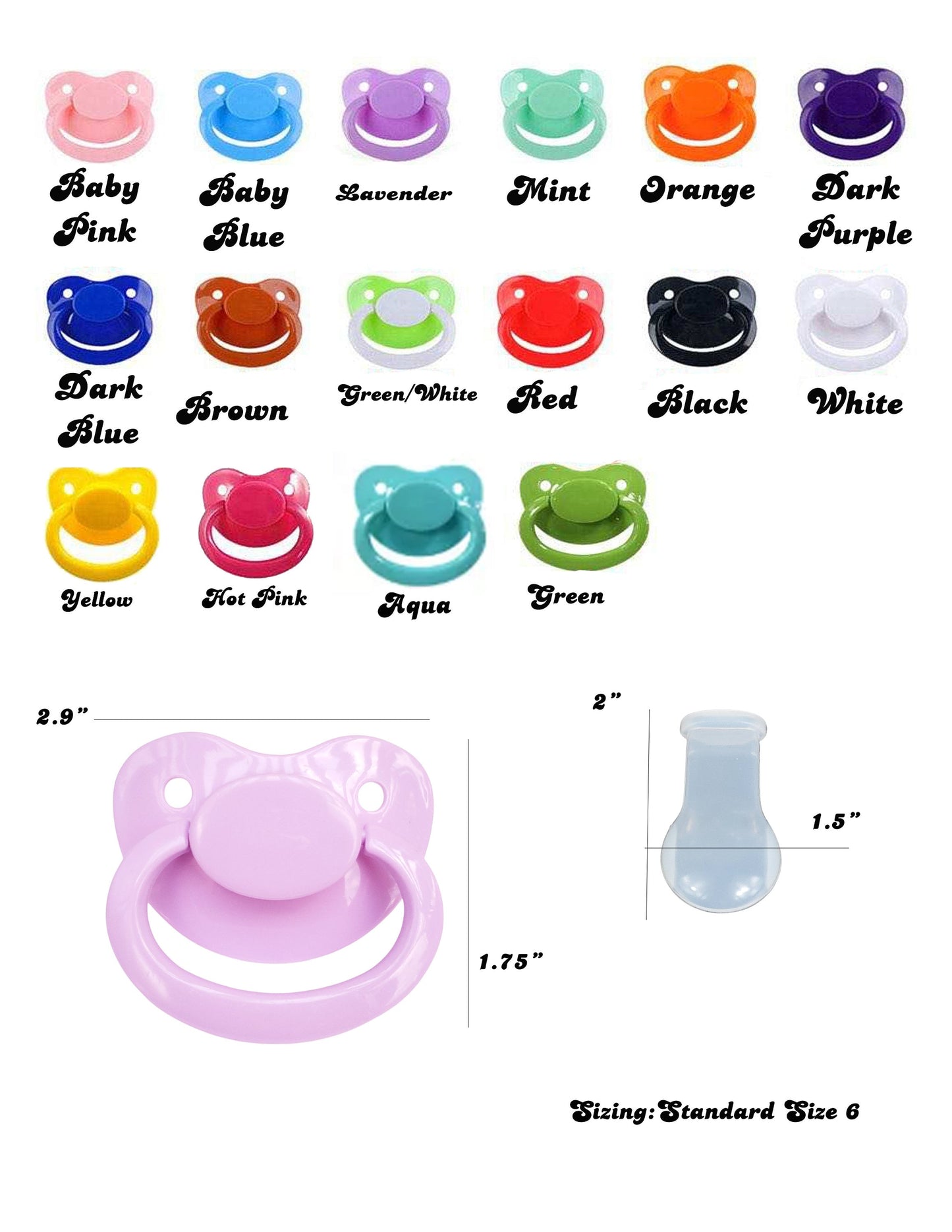 Variety of adult pacifiers in different colors, including pink, blue, green, and more with sizing information.