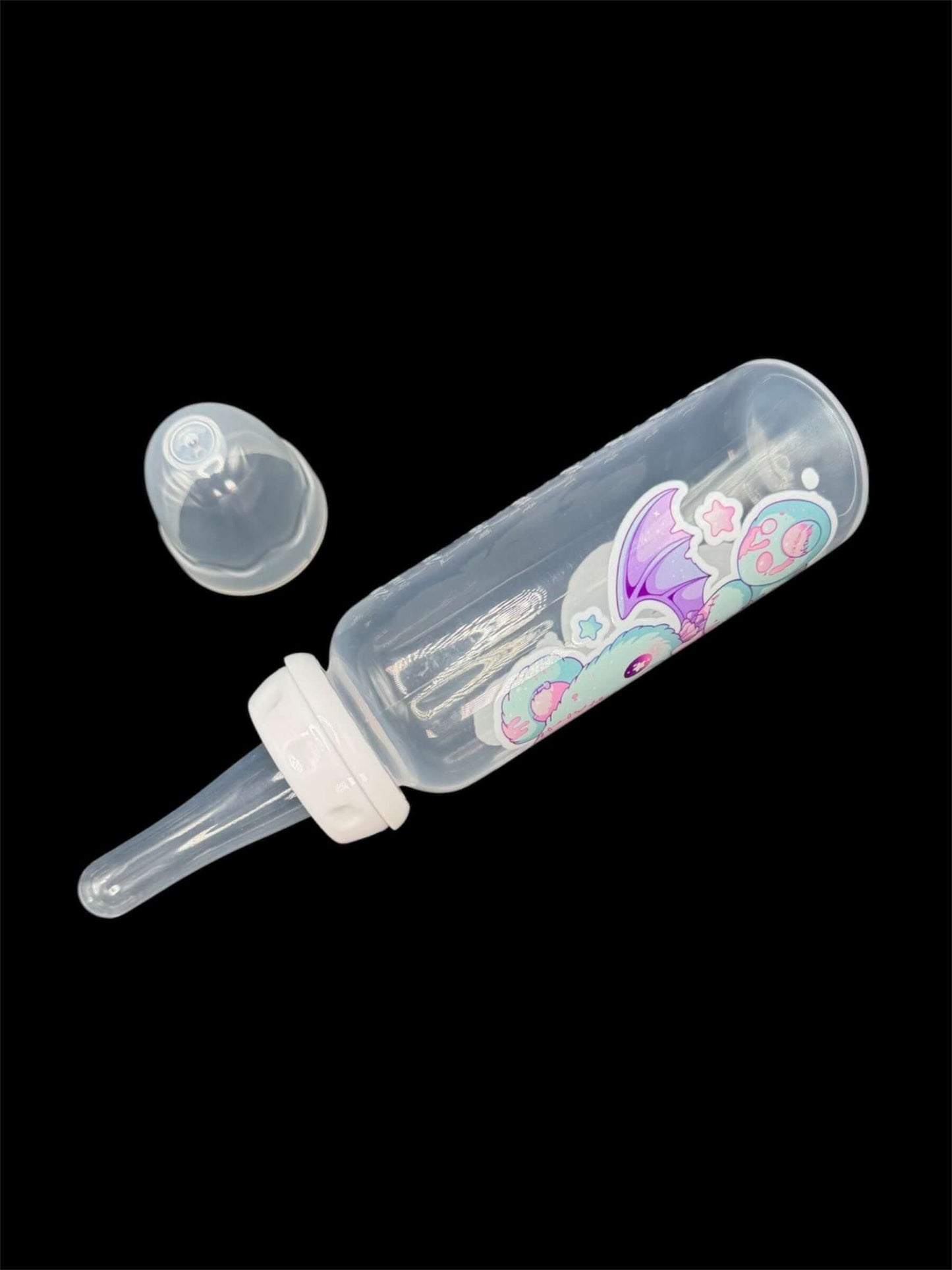 Kawaii adult baby bottle featuring a pastel-colored bear with bat wings, combining a cute and whimsical aesthetic with a touch of fantasy.