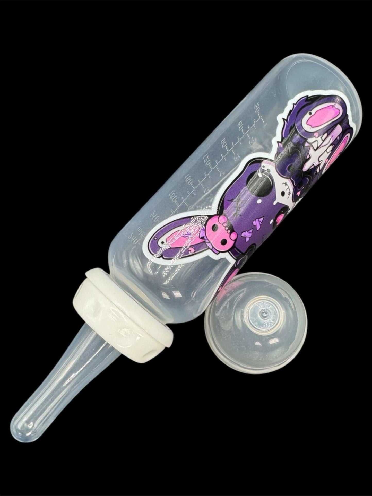 Adult baby bottle featuring a bold goth bunny design in shades of purple, pink, and black, combining a dark aesthetic with a cute and edgy style.