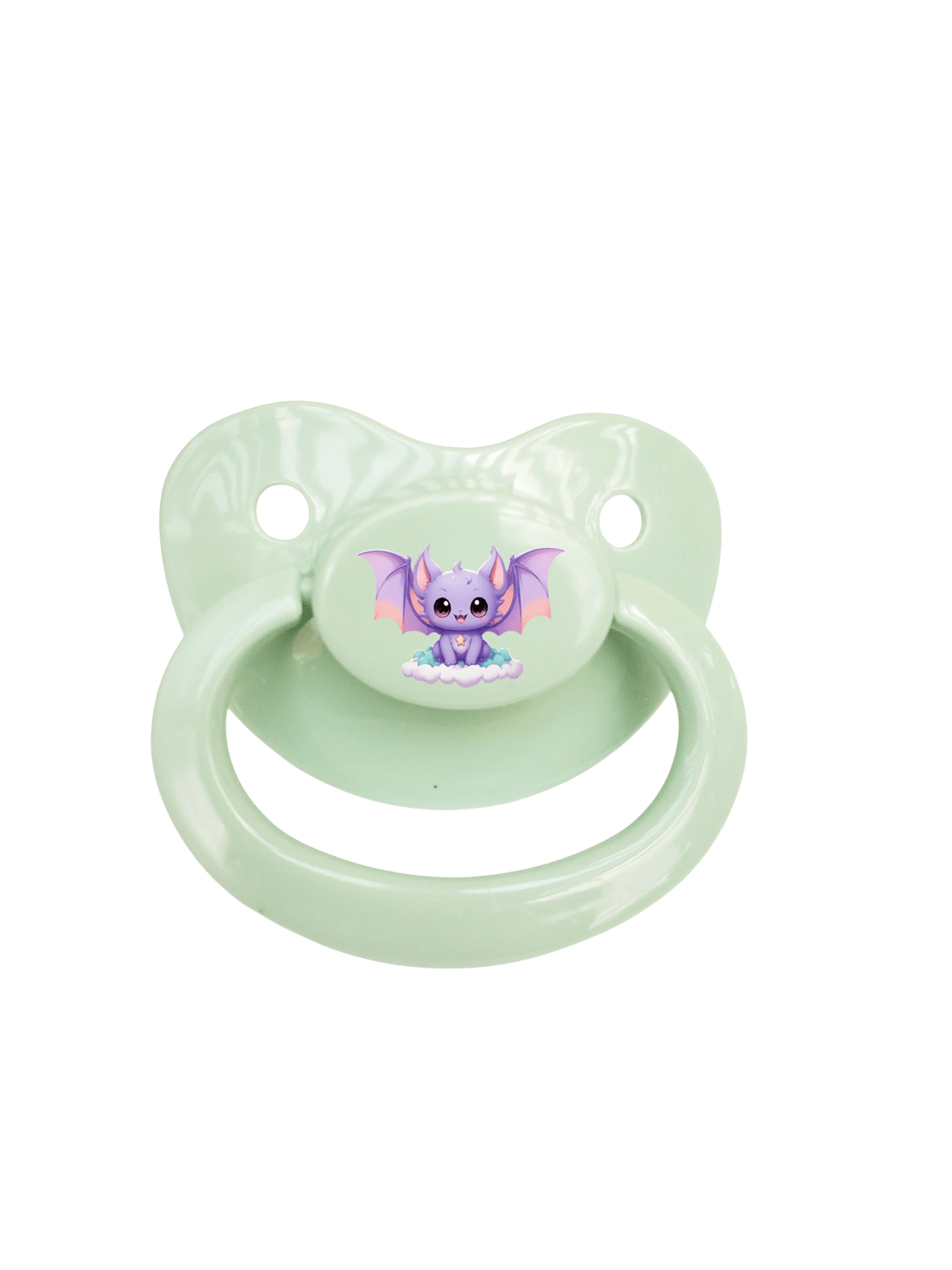 Mint adult baby pacifier with a cute purple bat sitting on clouds on the center button.