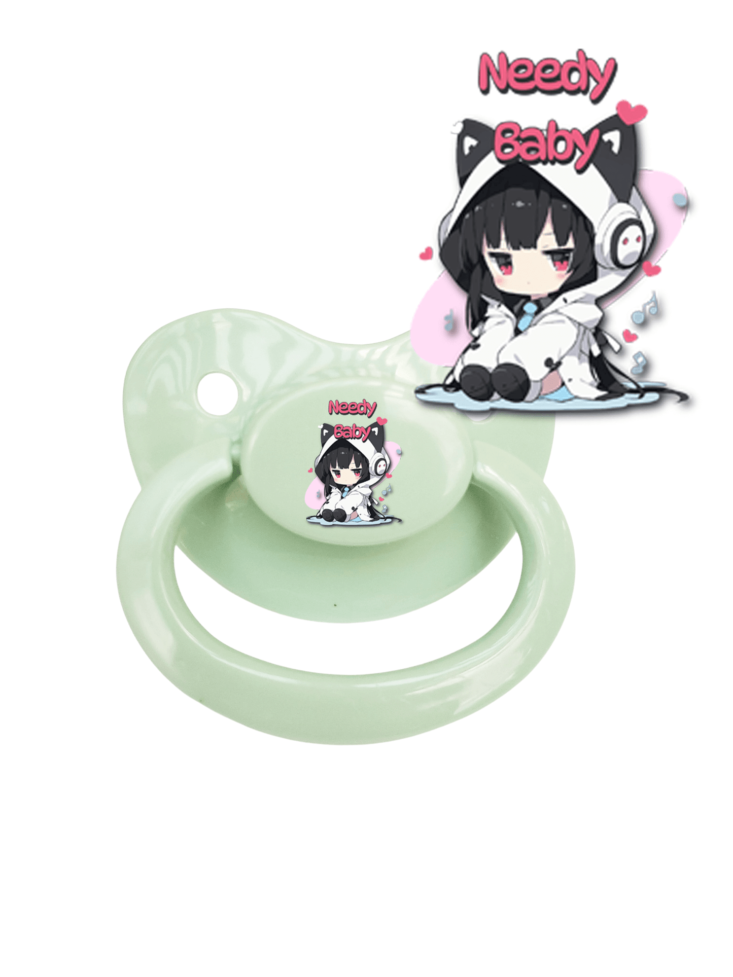 Adult pacifier featuring a cute cat girl wearing headphones and listening to music, with bold red text saying 'Needy Baby' on the center button.