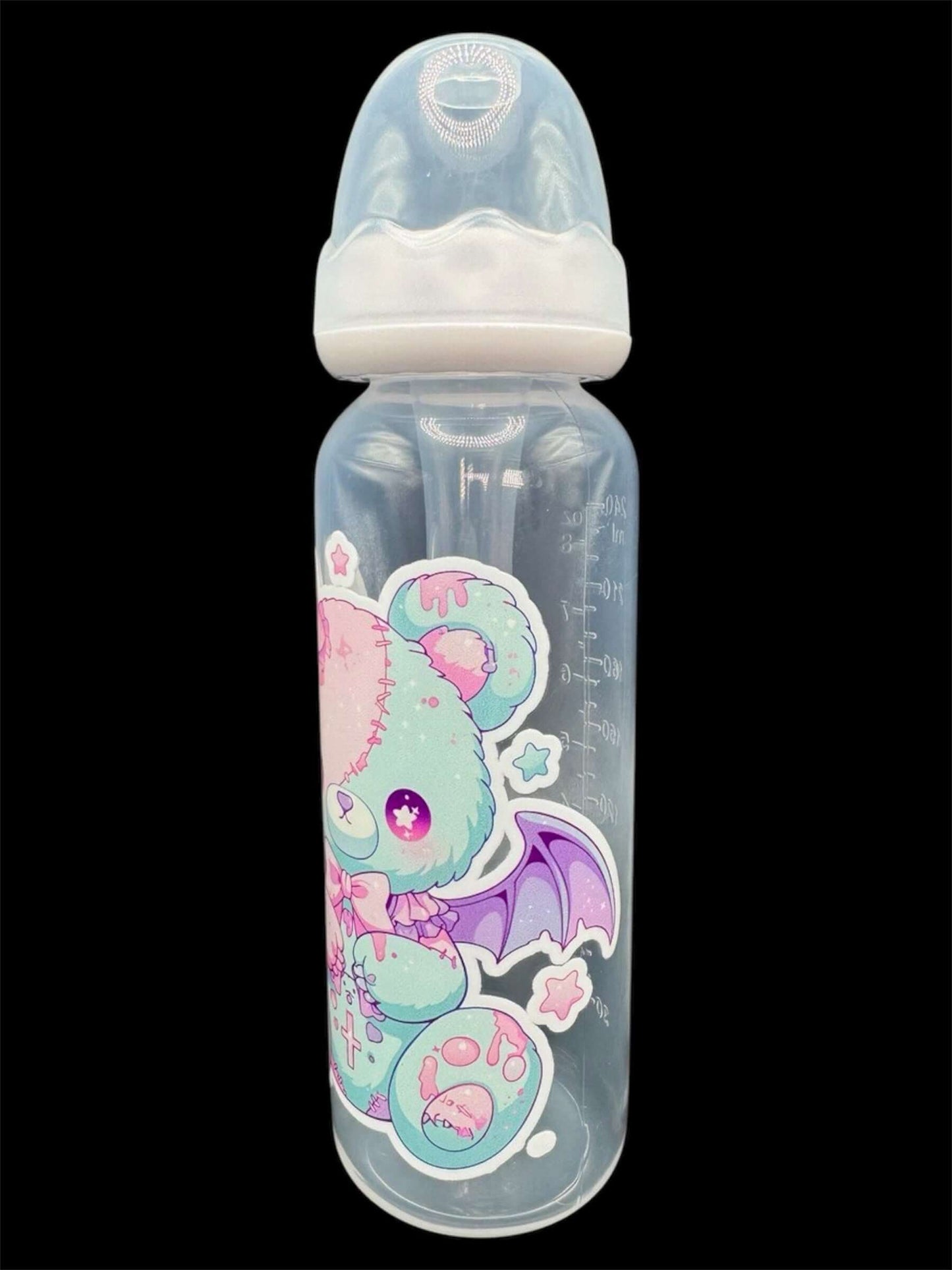 Kawaii adult baby bottle featuring a pastel-colored bear with bat wings, combining a cute and whimsical aesthetic with a touch of fantasy.