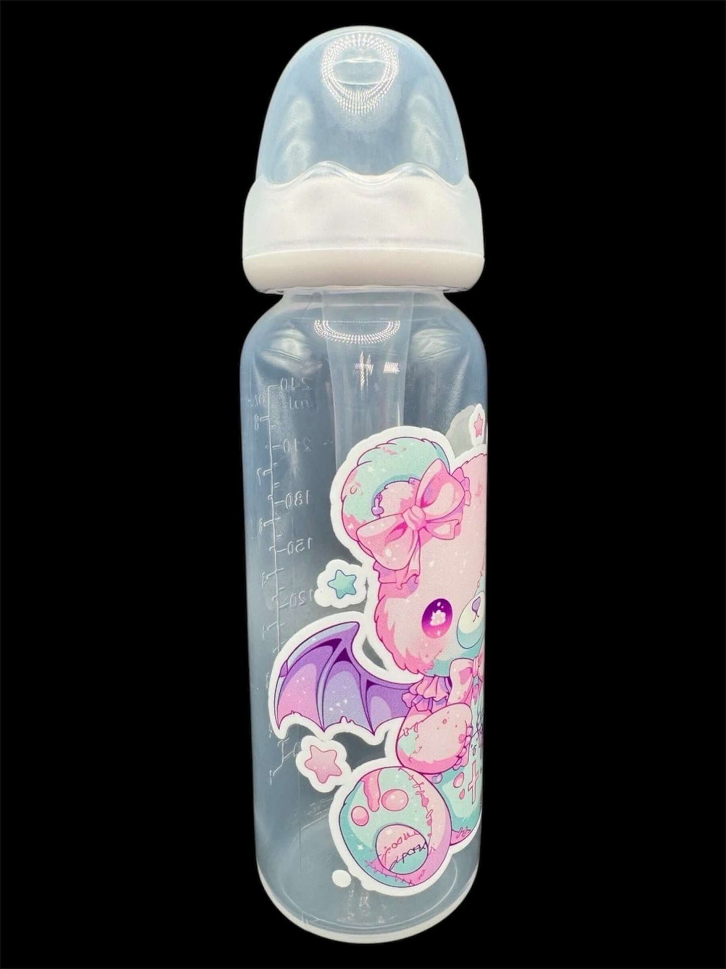 Kawaii adult baby bottle featuring a pastel-colored bear with bat wings, combining a cute and whimsical aesthetic with a touch of fantasy.