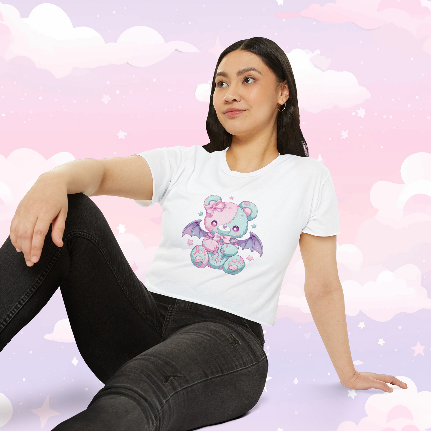 Kawaii pastel punk crop top featuring a cute yet edgy bear with bat wings design with soft pastel tones and punk-inspired details, perfect for little space and alternative fashion.