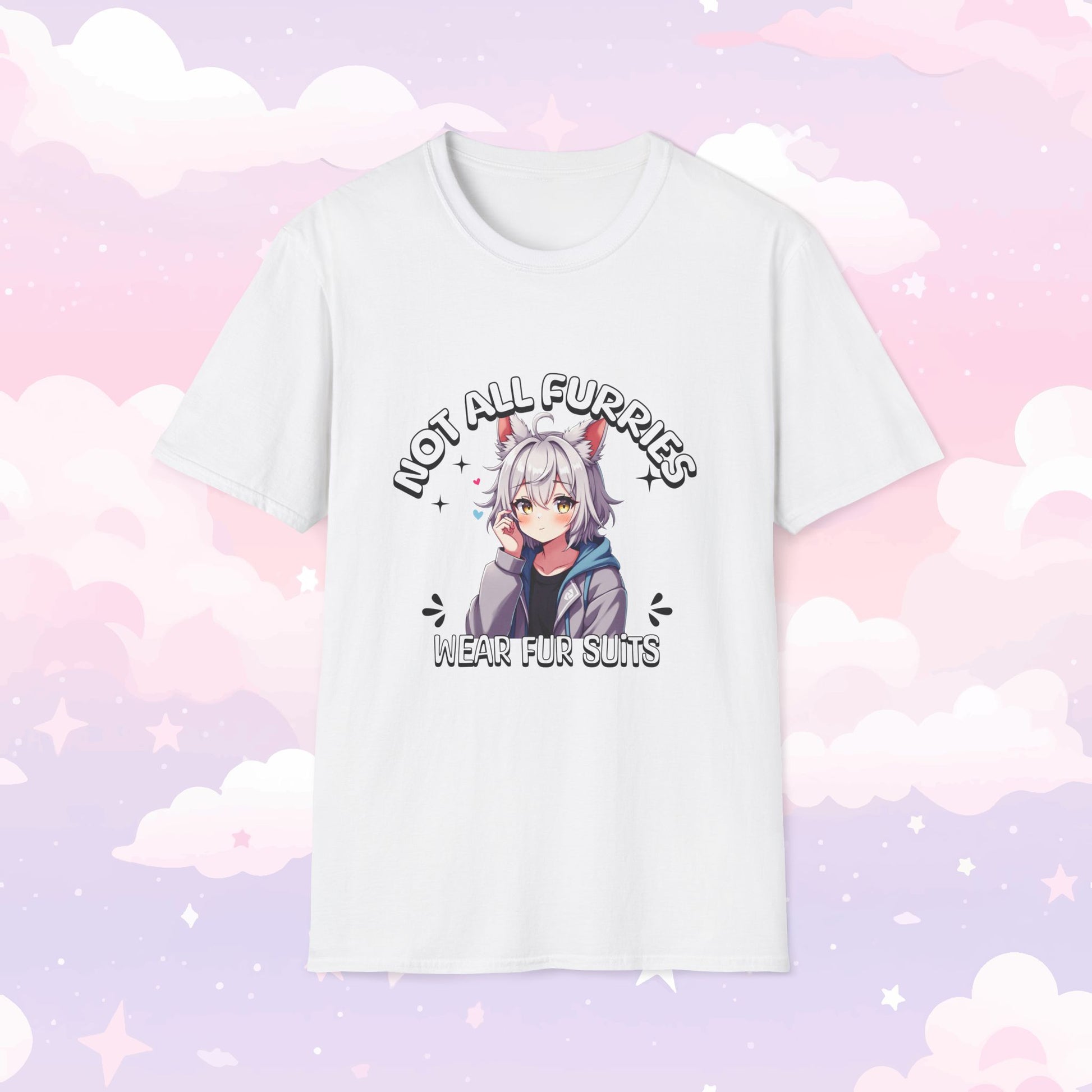T-shirt featuring the phrase 'Not All Furries Wear Fursuits' with a blushing character wearing furry ears, embracing furry culture with a cute and playful design.