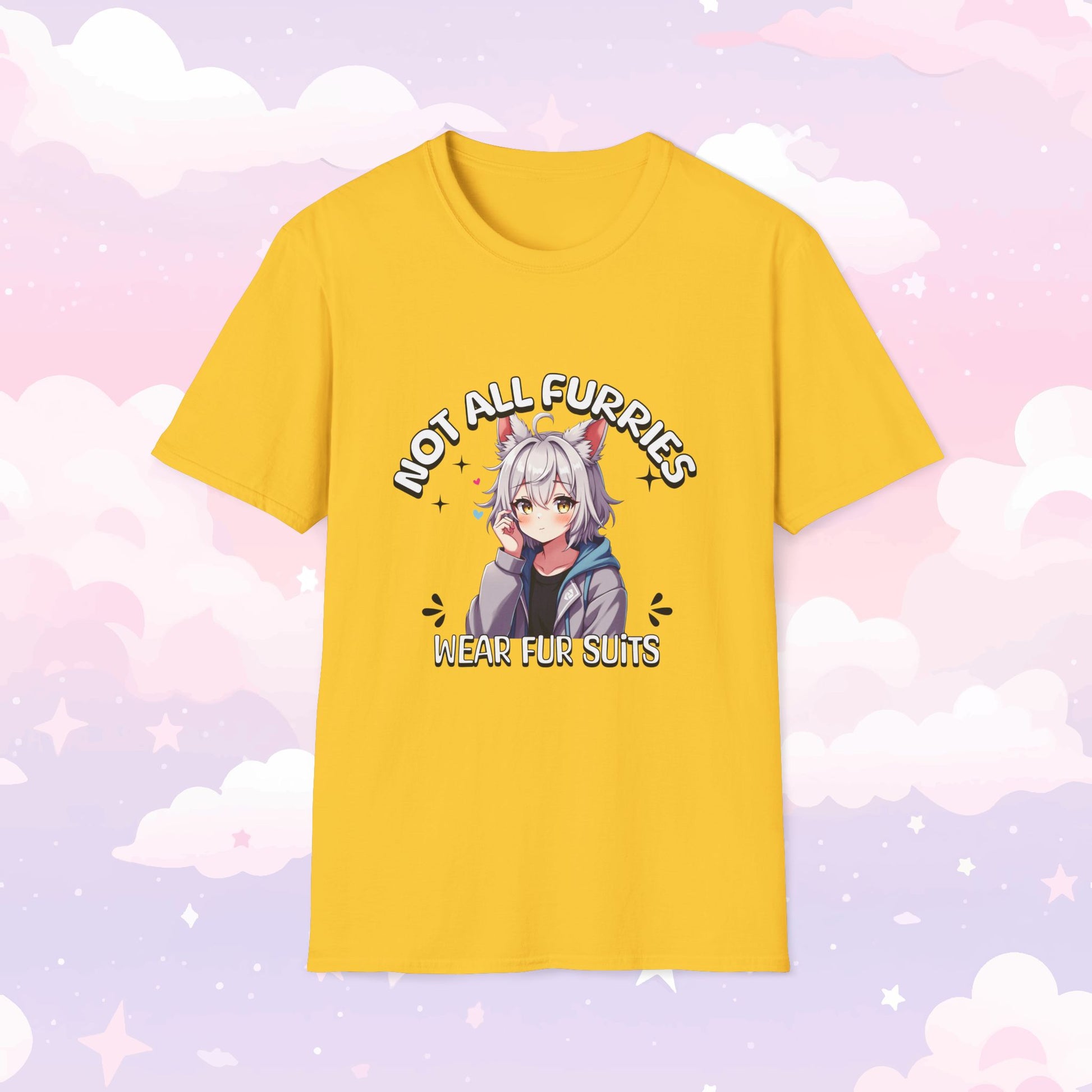 T-shirt featuring the phrase 'Not All Furries Wear Fursuits' with a blushing character wearing furry ears, embracing furry culture with a cute and playful design.