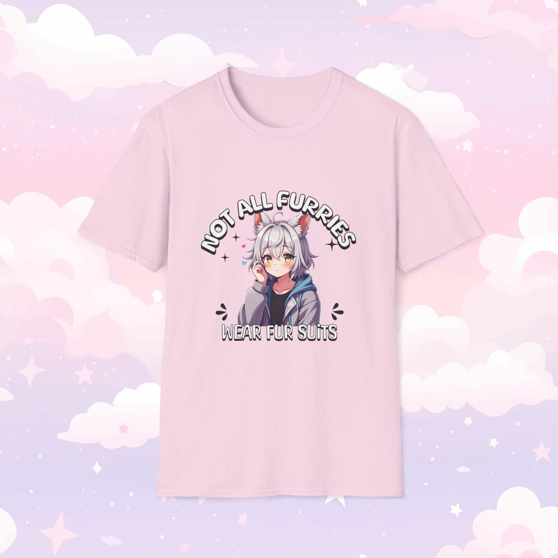 T-shirt featuring the phrase 'Not All Furries Wear Fursuits' with a blushing character wearing furry ears, embracing furry culture with a cute and playful design.