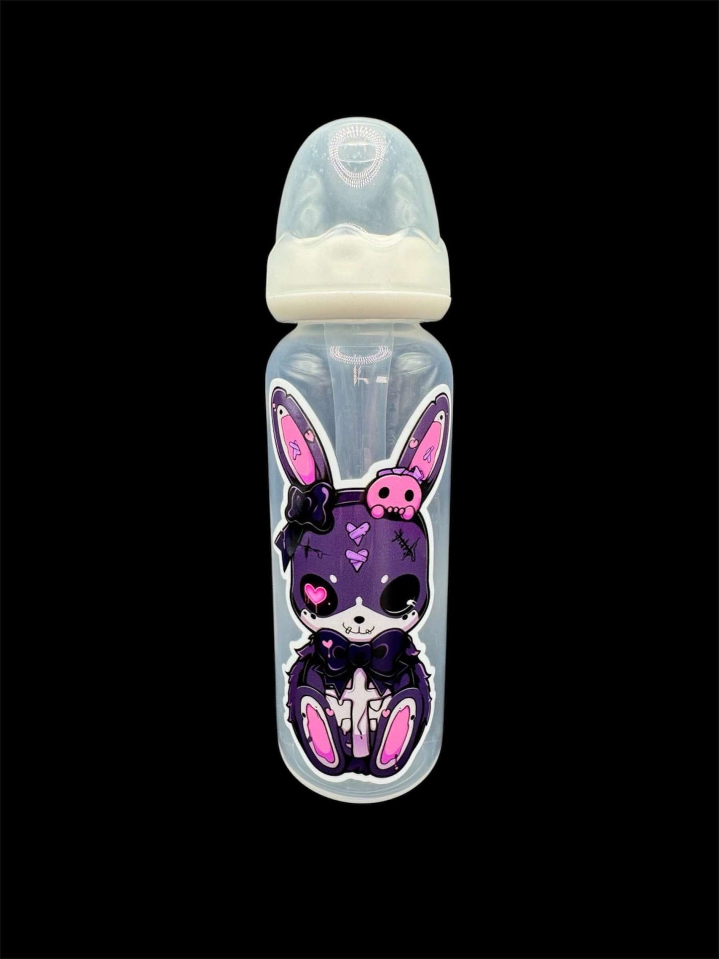 Adult baby bottle featuring a bold goth bunny design in shades of purple, pink, and black, combining a dark aesthetic with a cute and edgy style.