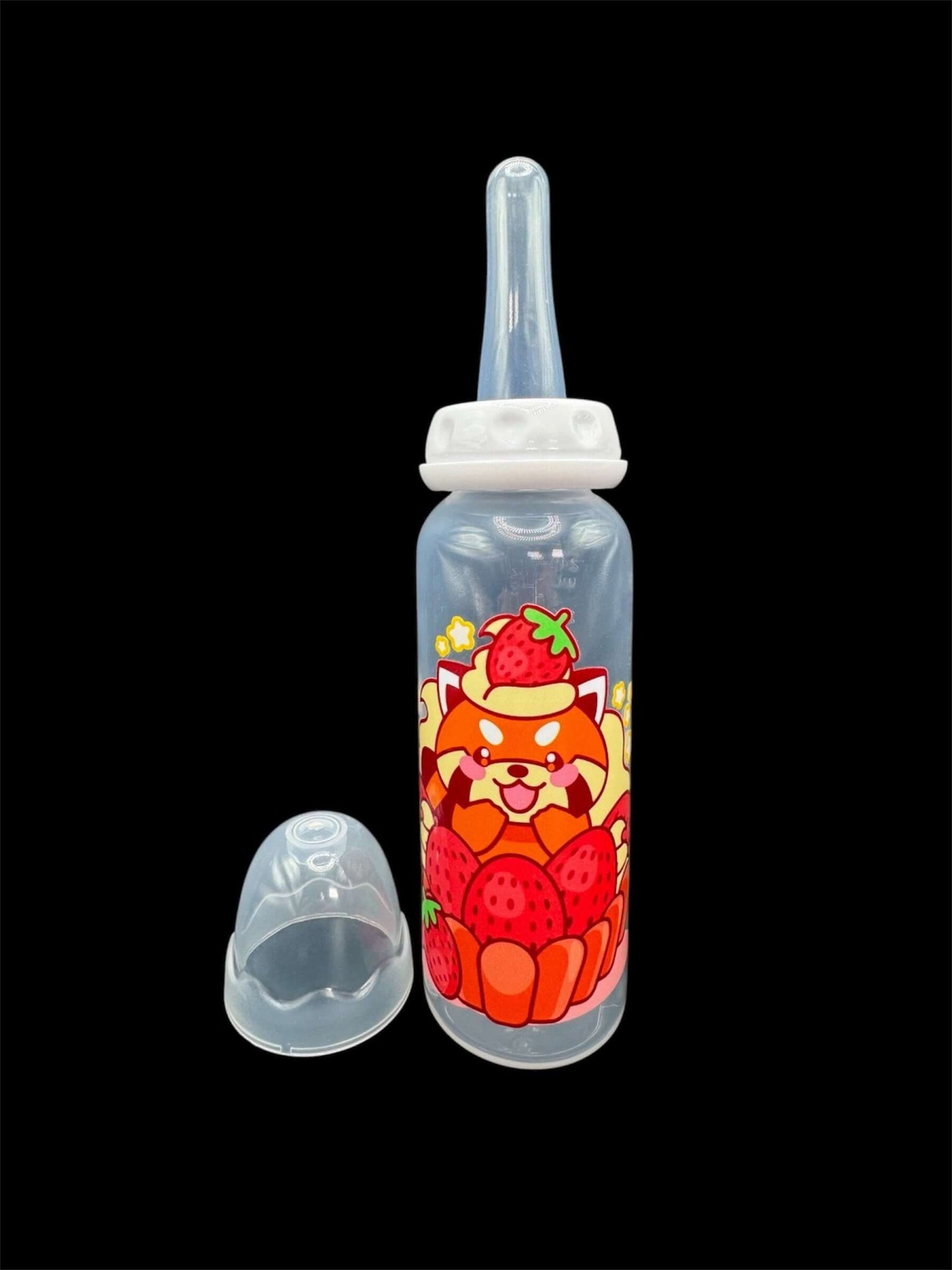 Adult baby bottle featuring a red panda sitting in a strawberry shortcake with a strawberry on its head, creating an adorable and whimsical design.