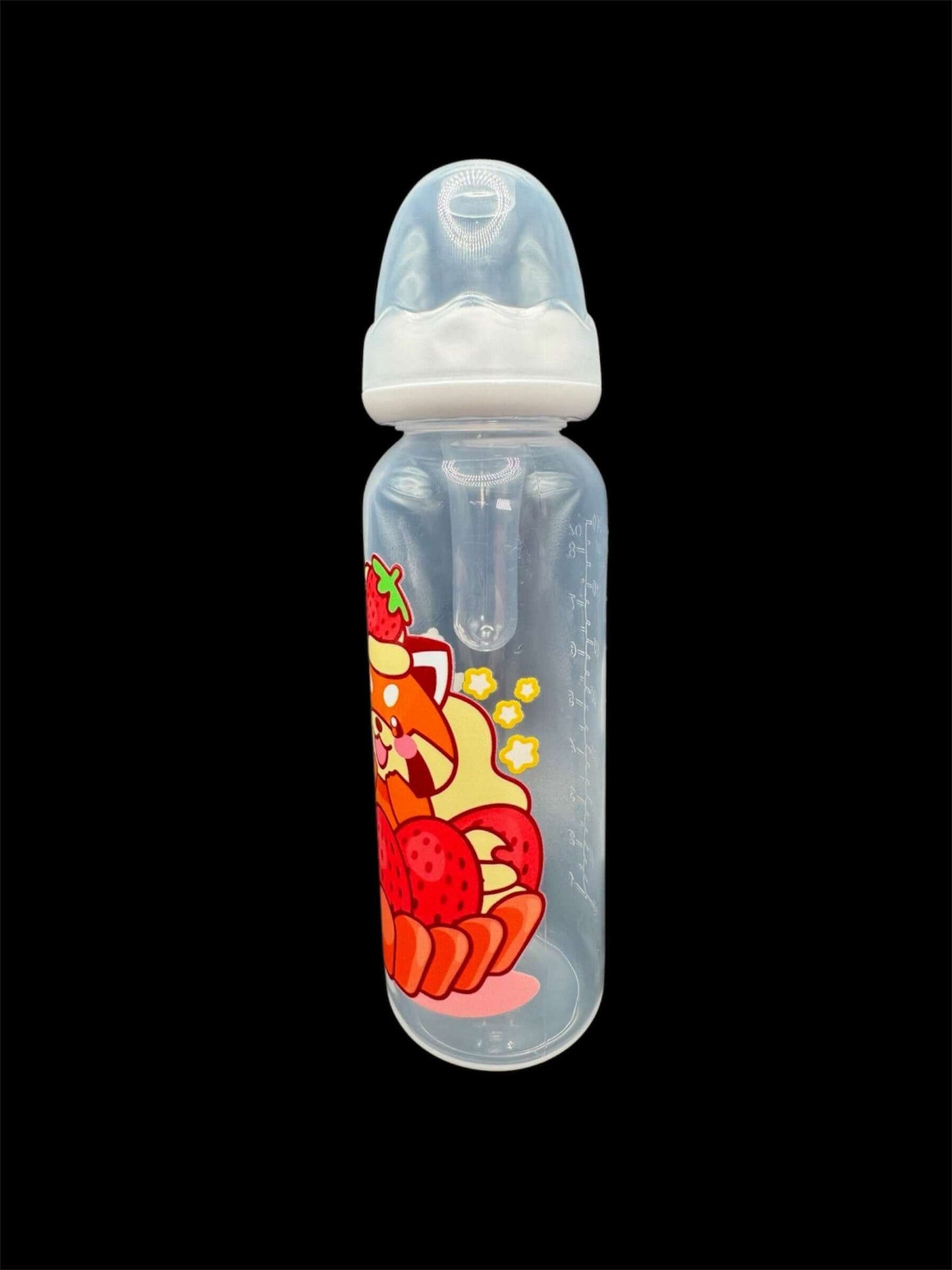 Adult baby bottle featuring a red panda sitting in a strawberry shortcake with a strawberry on its head, creating an adorable and whimsical design.