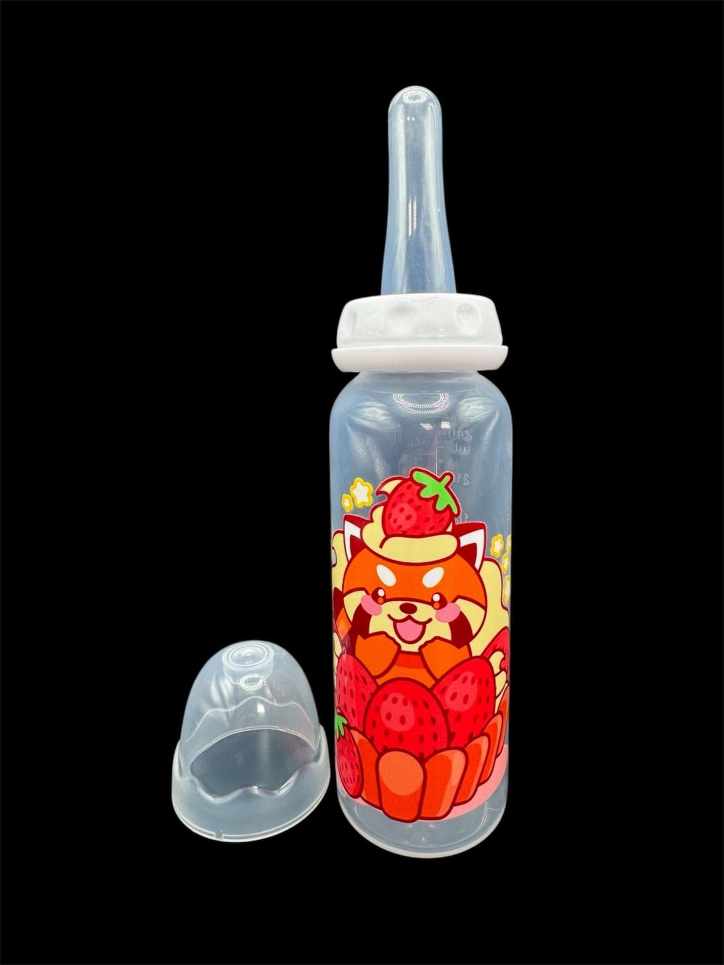 Adult baby bottle featuring a red panda sitting in a strawberry shortcake with a strawberry on its head, creating an adorable and whimsical design.