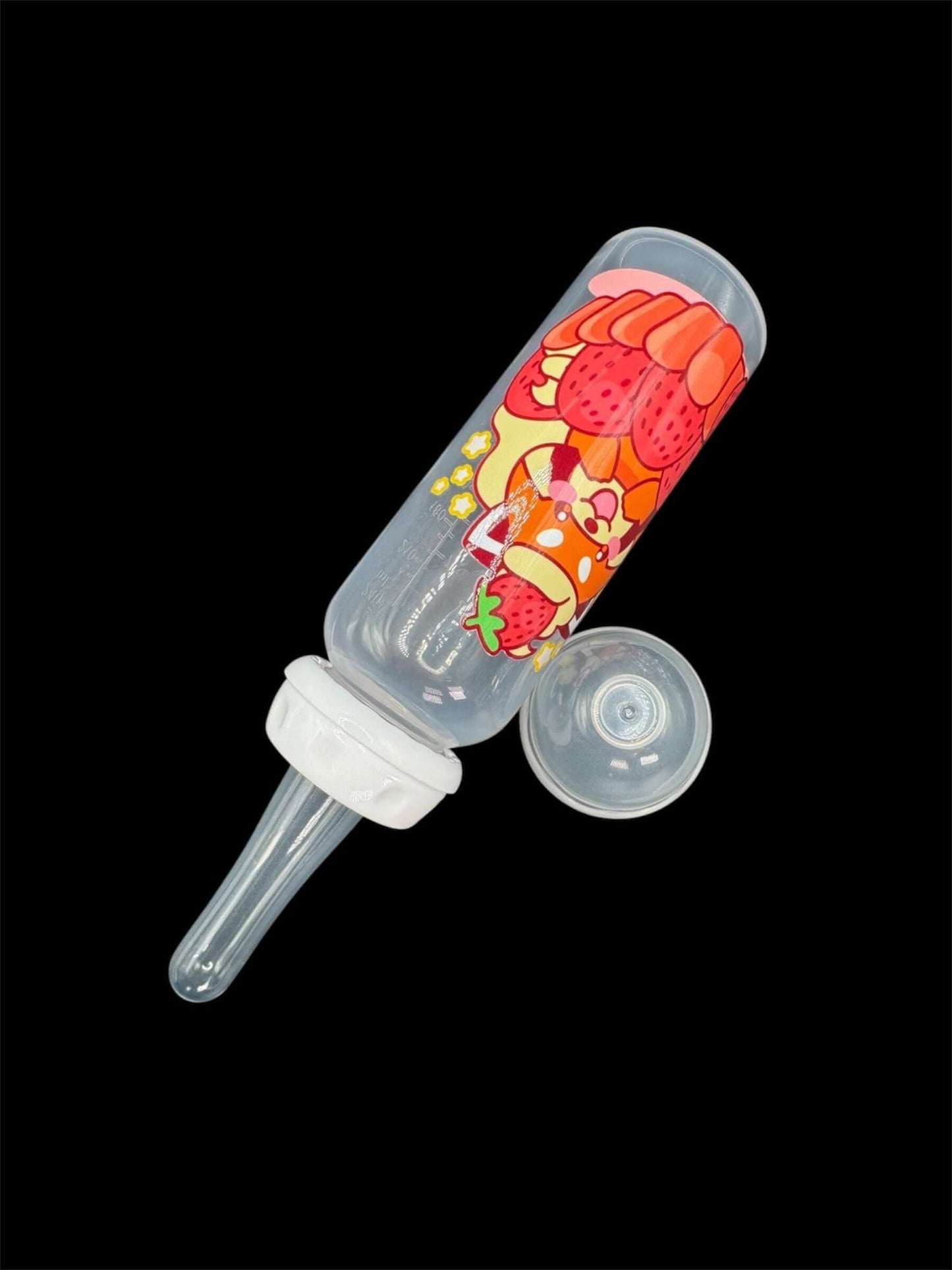 Adult baby bottle featuring a red panda sitting in a strawberry shortcake with a strawberry on its head, creating an adorable and whimsical design.