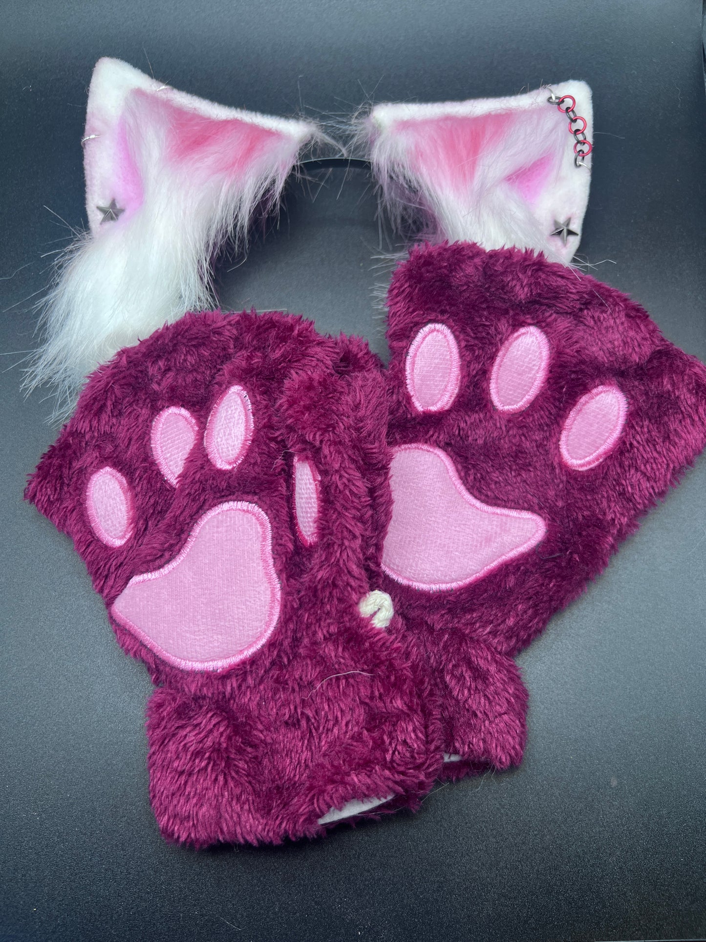 red and white kitten ears with matching red paw gloves