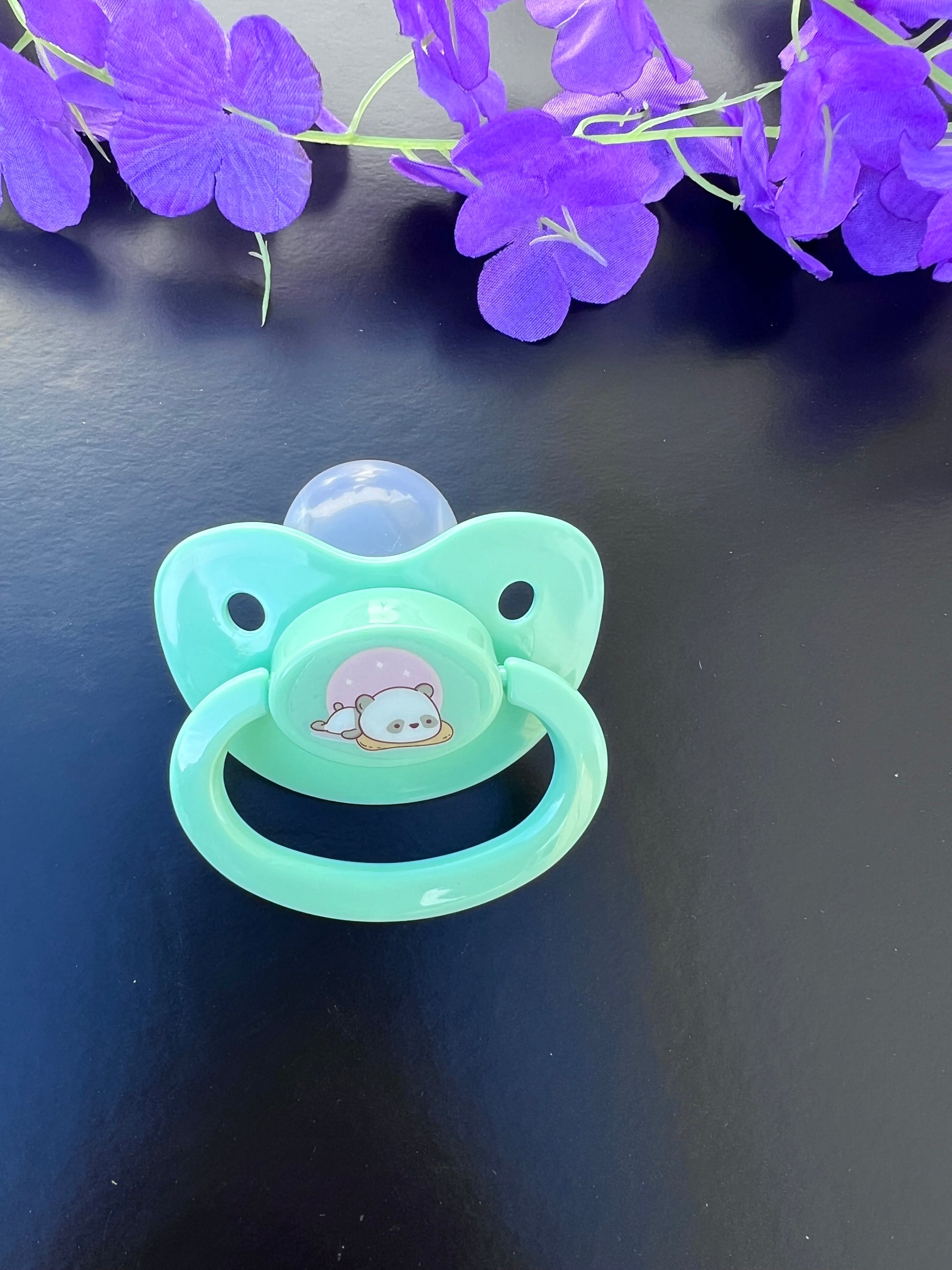 pastel green adult binkie with a cute panda laying down on the center button