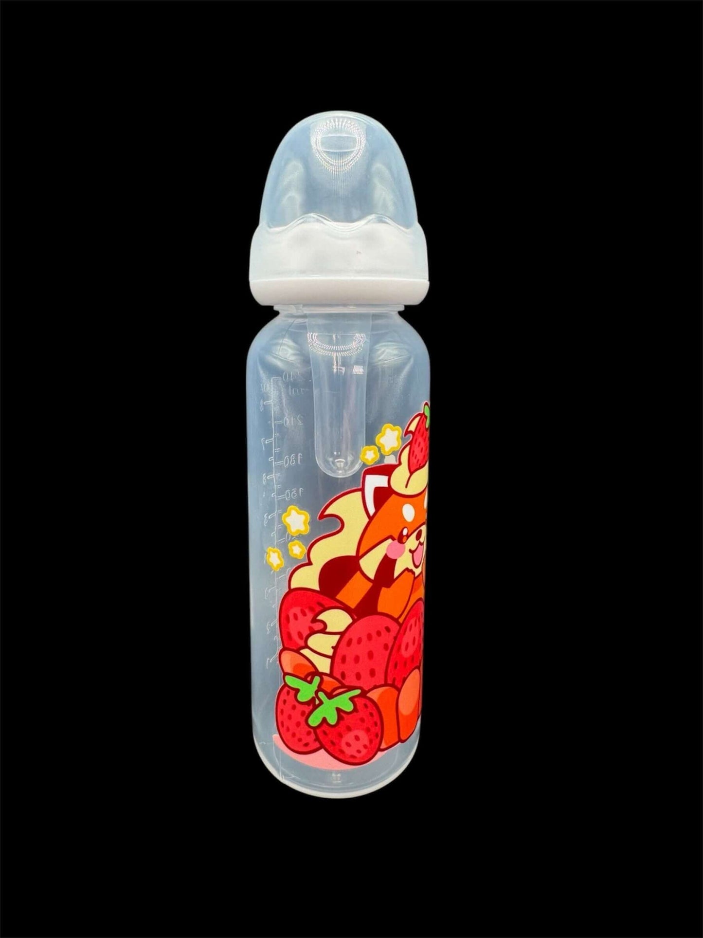 Adult baby bottle featuring a red panda sitting in a strawberry shortcake with a strawberry on its head, creating an adorable and whimsical design.