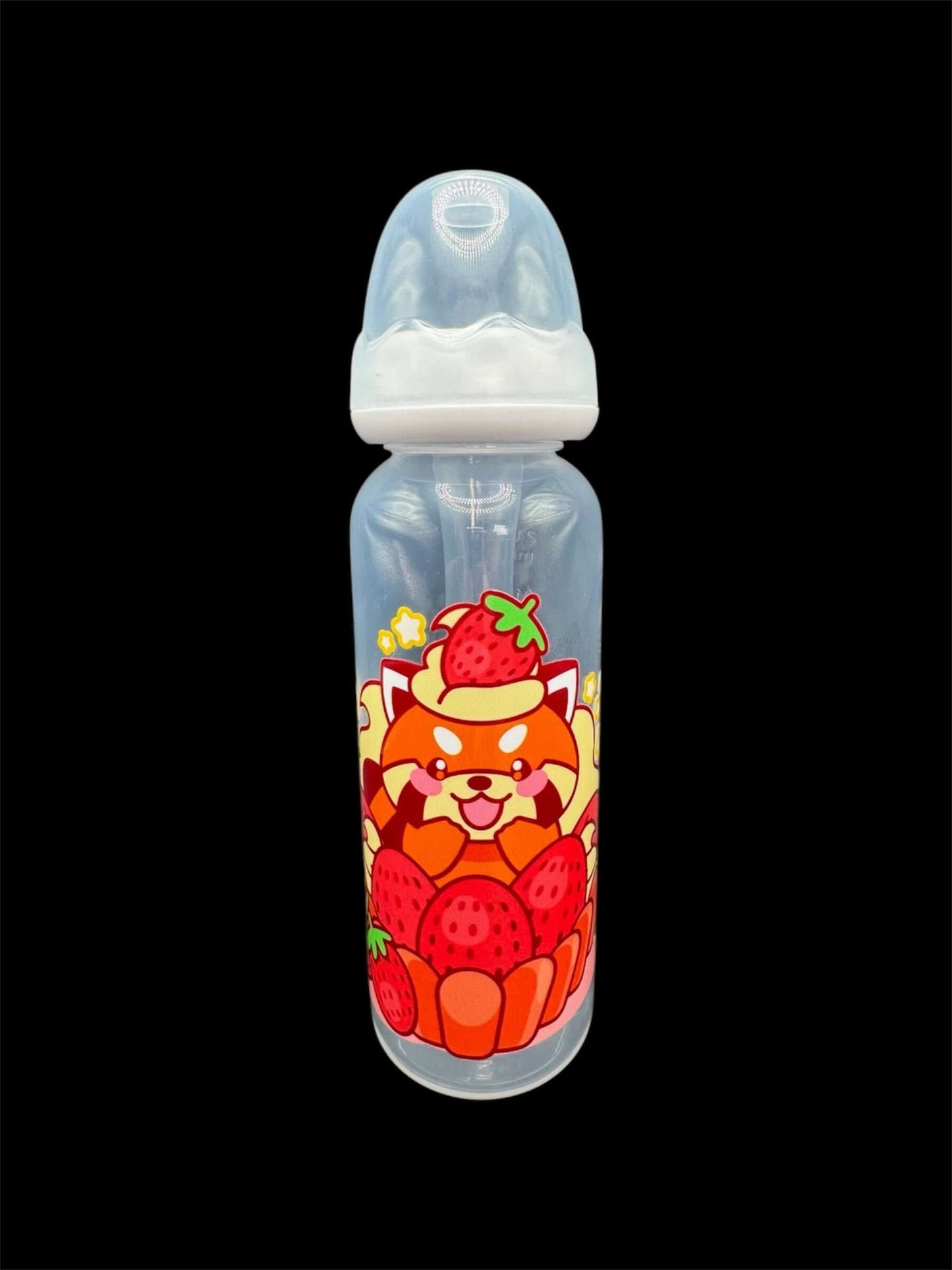Adult baby bottle featuring a red panda sitting in a strawberry shortcake with a strawberry on its head, creating an adorable and whimsical design.