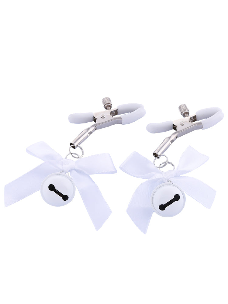 Stainless steel nipple clamps with White attached bows and bells at the ends, featuring a silicone cover for added comfort and a stylish, playful touch.