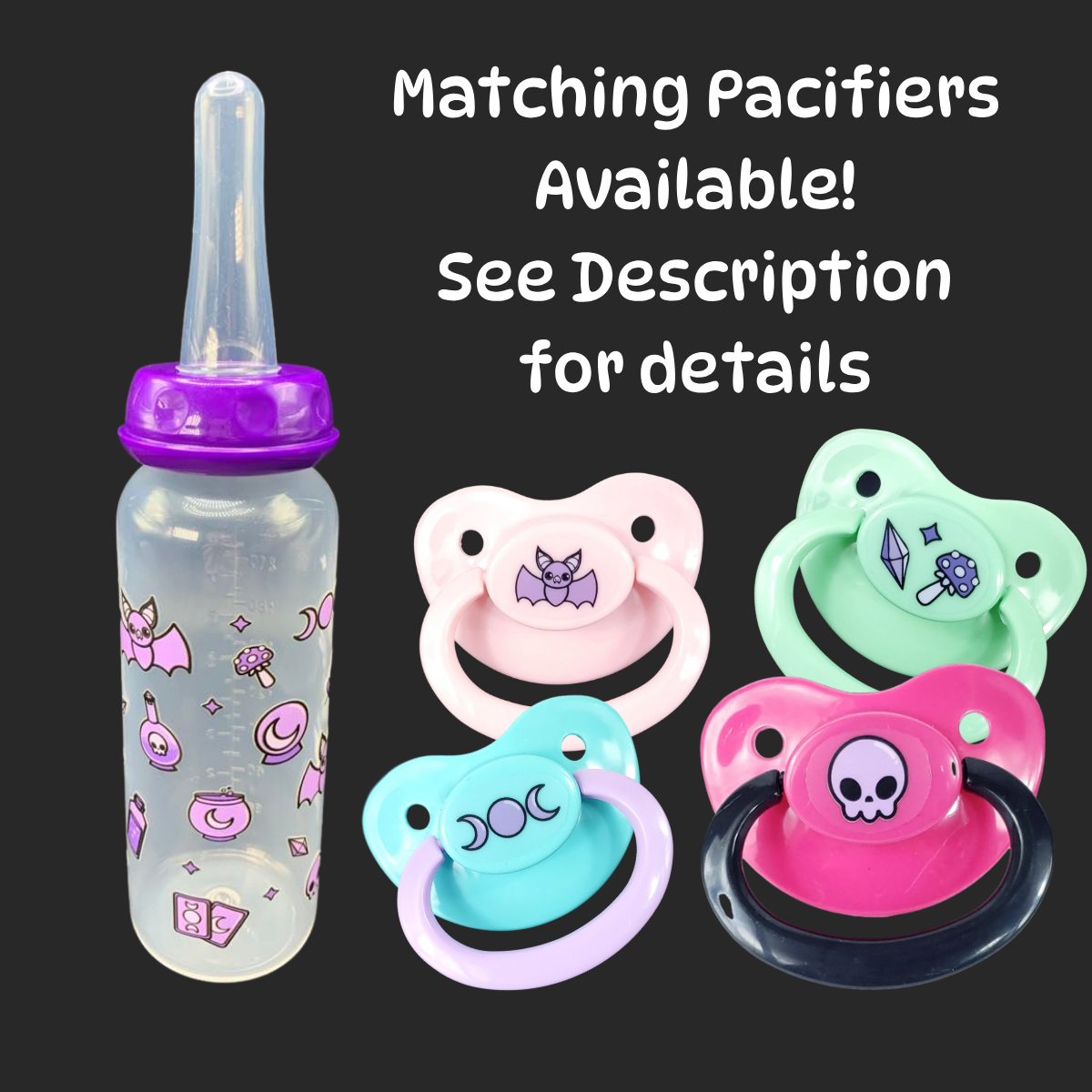 An 8oz adult baby bottle with a purple witch theme, featuring magical designs like bats, tarot cards, potions, stars, and moons wrapping around the bottle for a whimsical and enchanting look. With  matching adult pacifiers