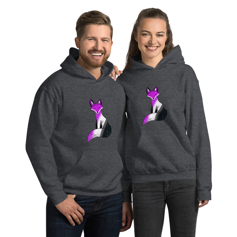 A cozy hoodie featuring a stylized fox design in asexual pride flag colors—black, gray, white, and purple—celebrating ace pride with a cute and subtle aesthetic.