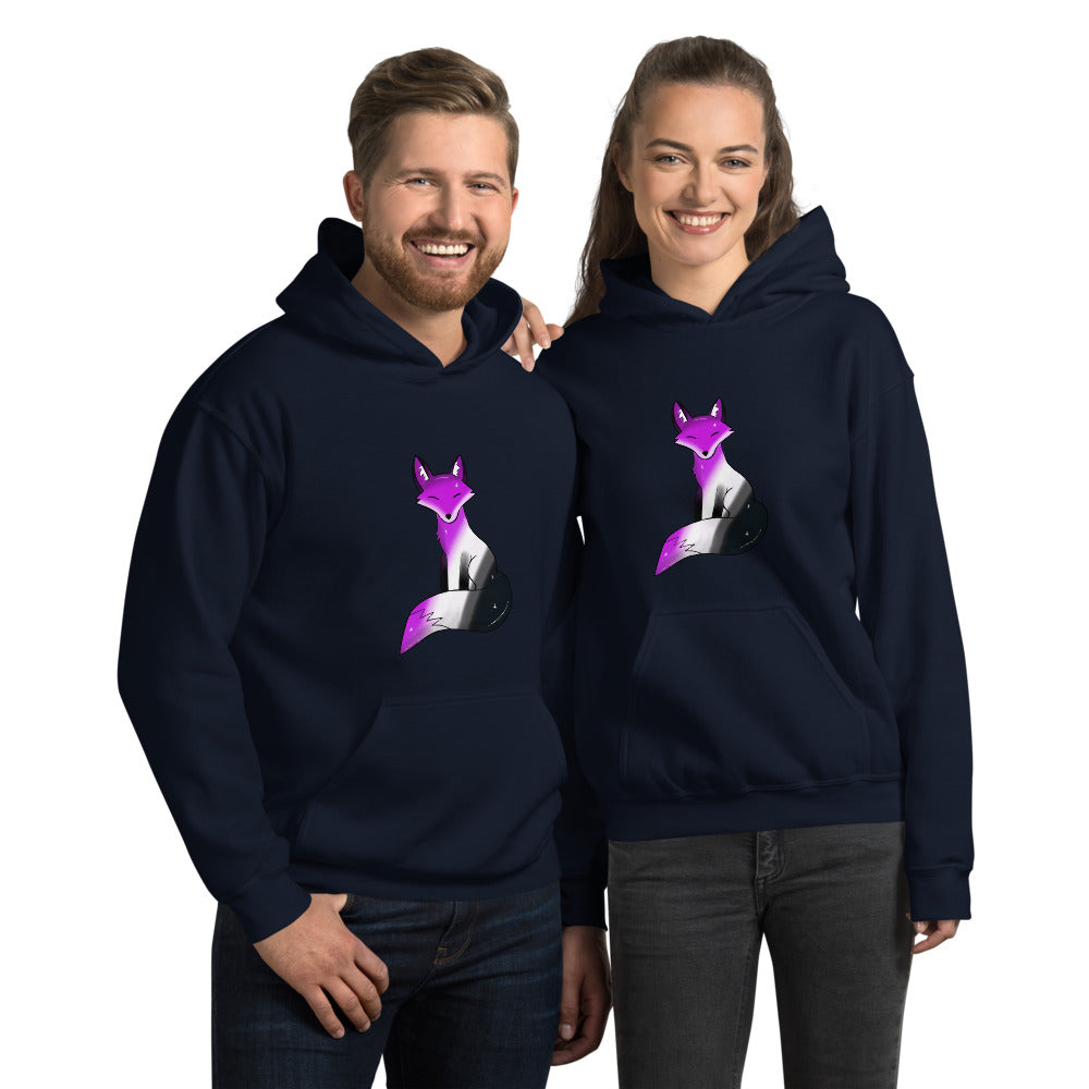 A cozy hoodie featuring a stylized fox design in asexual pride flag colors—black, gray, white, and purple—celebrating ace pride with a cute and subtle aesthetic.