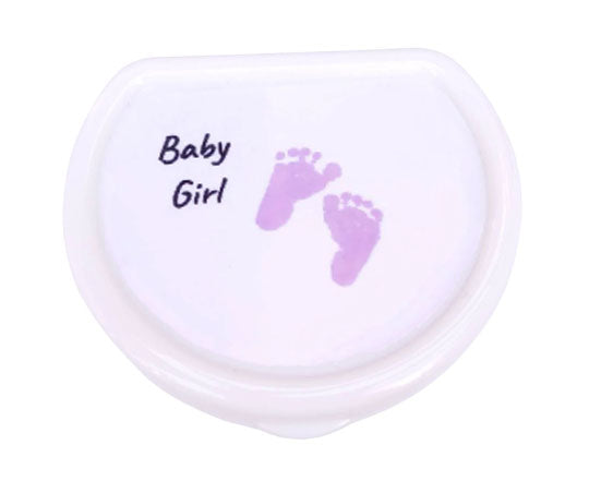ABDL pacifier case featuring the text 'Baby girl' with pink foot prints on the lid, adding a cute baby touch to pacifier storage.