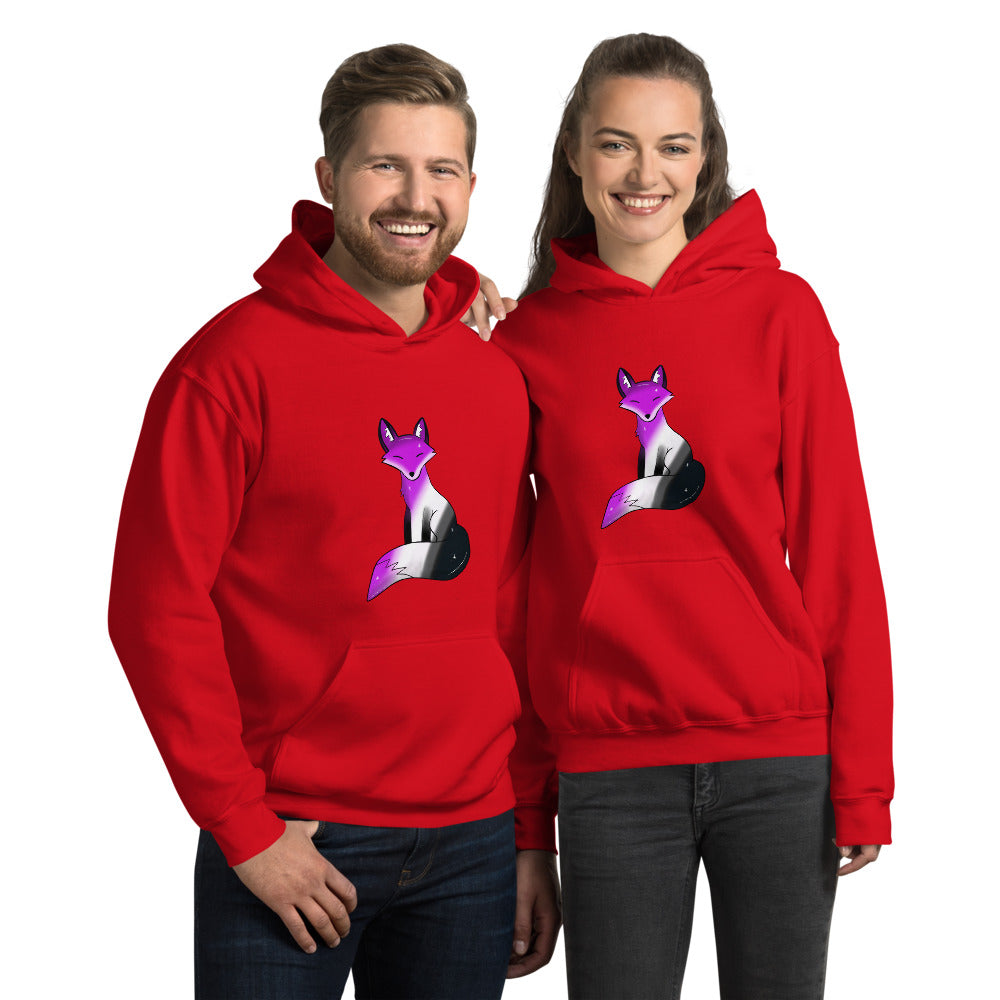 A cozy hoodie featuring a stylized fox design in asexual pride flag colors—black, gray, white, and purple—celebrating ace pride with a cute and subtle aesthetic.