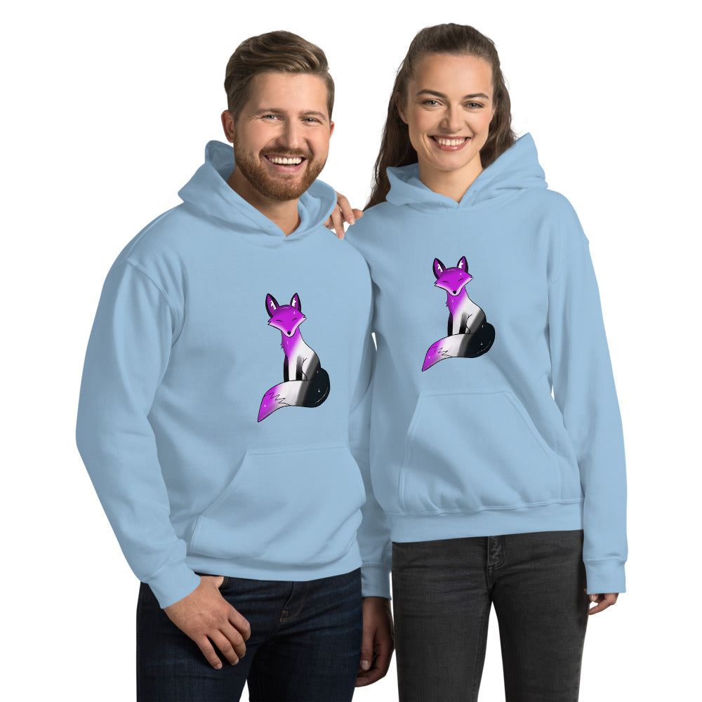 A cozy hoodie featuring a stylized fox design in asexual pride flag colors—black, gray, white, and purple—celebrating ace pride with a cute and subtle aesthetic.