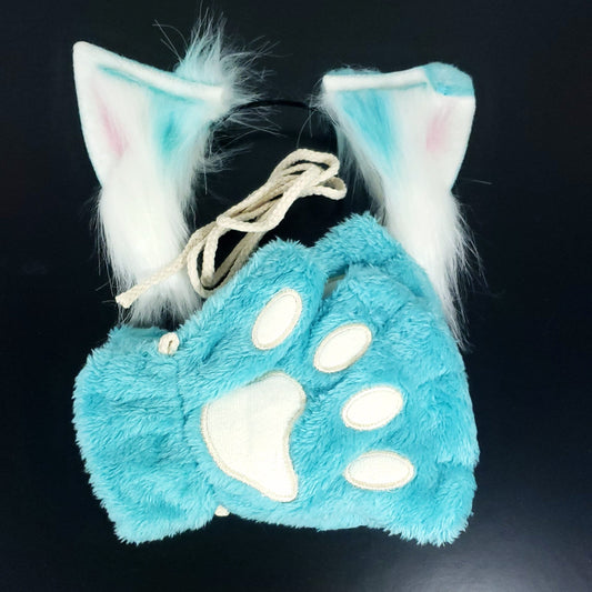 Cosplay ears and paws set in teal, featuring soft, fluffy animal ears and matching paw gloves, perfect for pet play or cute cosplay looks.