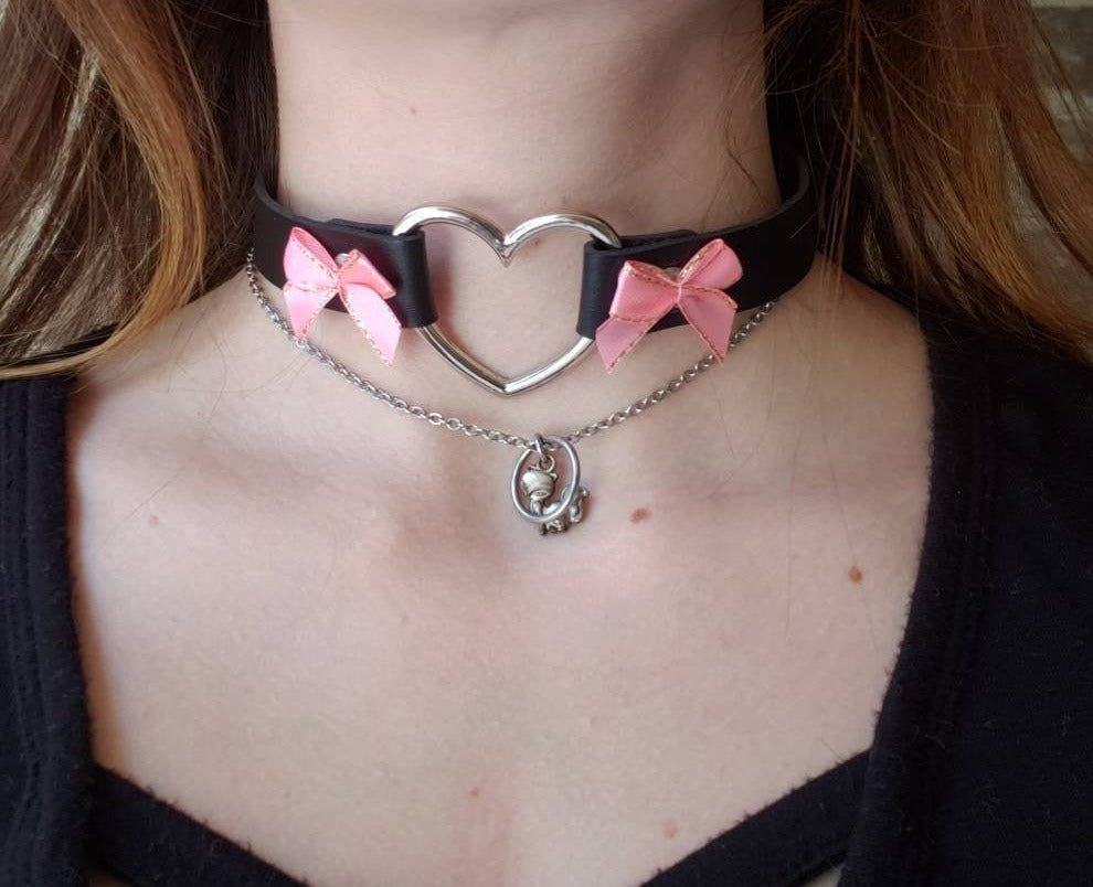 Cosplay Heart and Bows Choker, Cosplay Adjustable Luxury Leather Heart Collar | Vixen's Hidden Desires