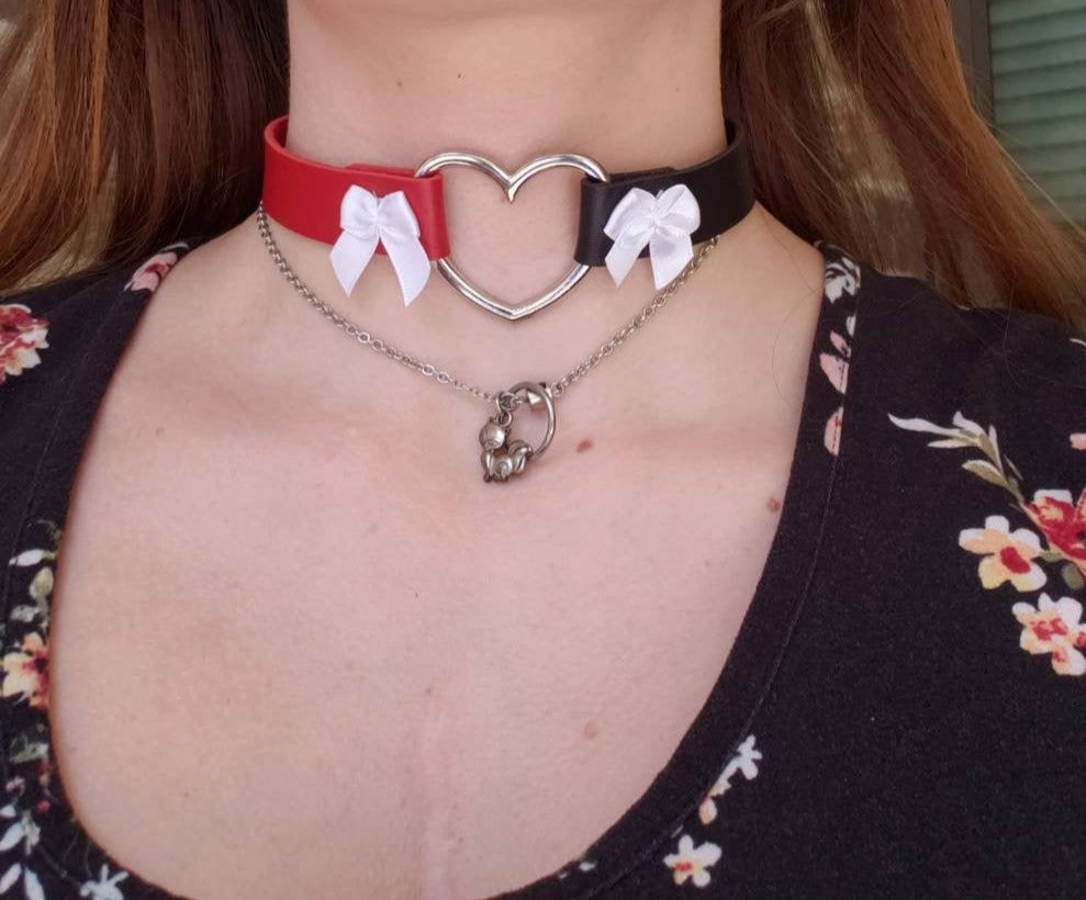 Cosplay Heart and Bows Choker, Cosplay Adjustable Luxury Leather Heart Collar | Vixen's Hidden Desires