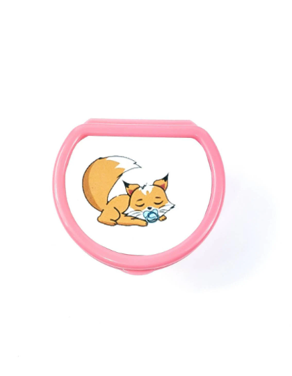 ABDL pacifier case featuring a sleeping fox with a pacifier in it's mouth on the lid, adding a dreamy and cute touch to pacifier storage.