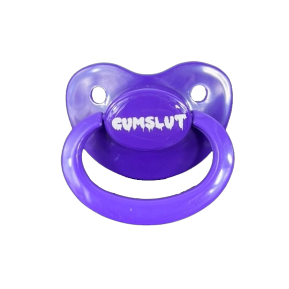 A Purple adult pacifier featuring the word "Cumslut" boldly displayed in the center, designed for playful and cheeky self-expression.