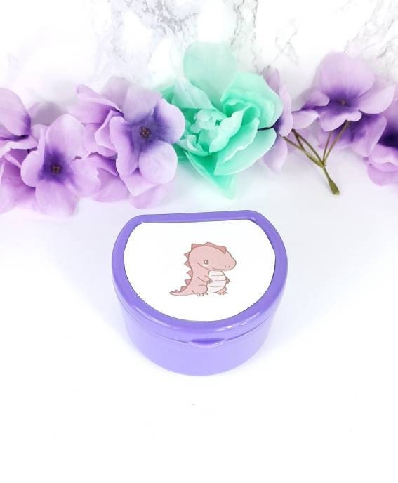 ABDL pacifier case featuring a cute red dinosaur design on the lid, adding a fun and playful touch to pacifier storage.