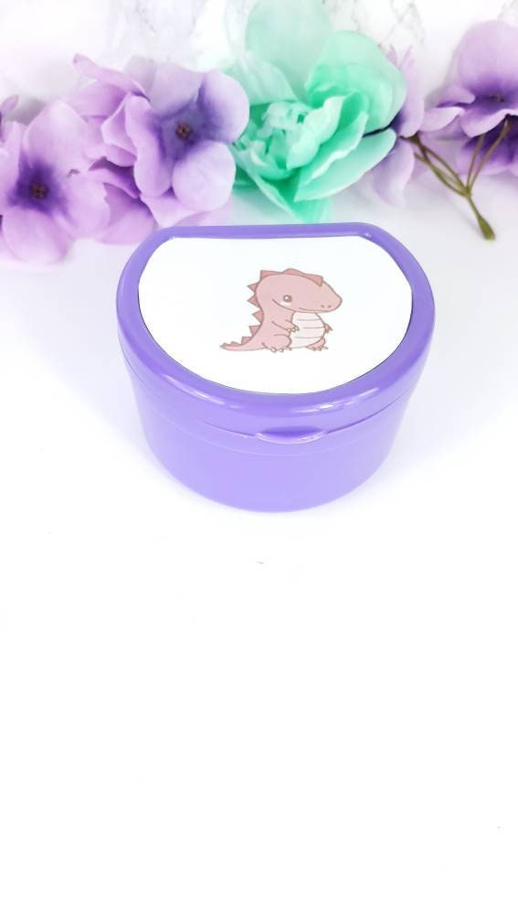 ABDL pacifier case featuring a cute red dinosaur design on the lid, adding a fun and playful touch to pacifier storage.