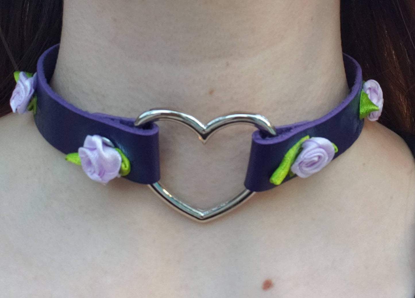 Purple Heart and Roses Choker, Adjustable Leather Heart Collar | Vixen's Hidden Desires