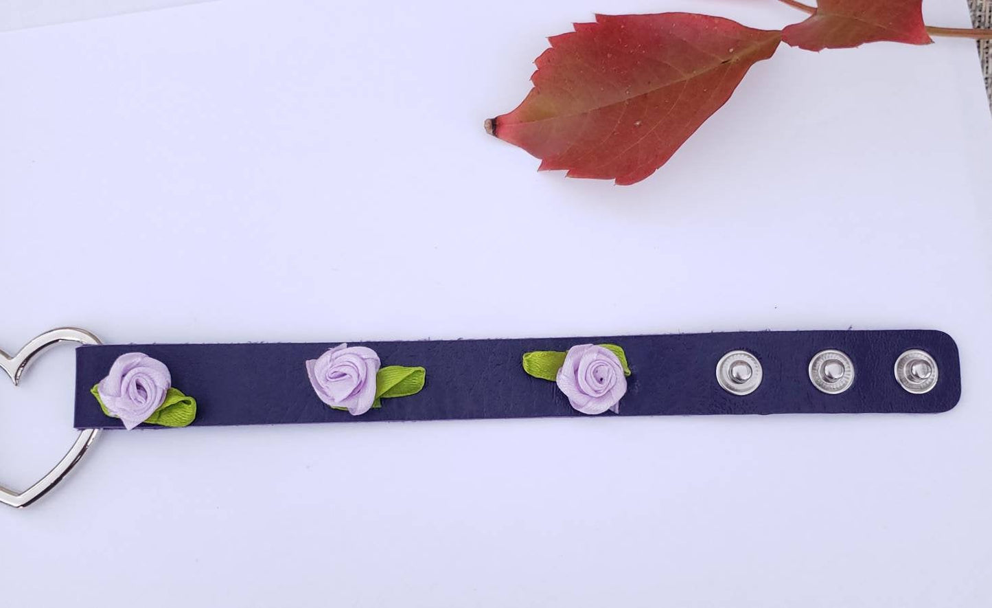 Purple Heart and Roses Choker, Adjustable Leather Heart Collar | Vixen's Hidden Desires